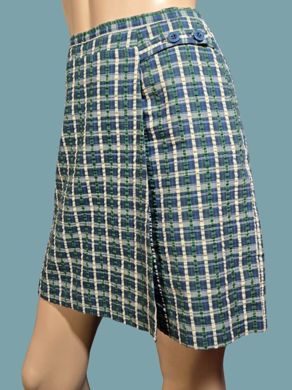 Vintage 90s Plaid Seersucker Skort Size S Blue Green Preppy Cotton Blend